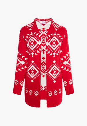 Rød cardigan lavet af fuzzy materiale med hvide geometriske designs, herunder diamanter og trekanter, med lange ærmer og åben front.