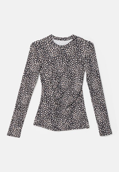 Μπλούζα με μακριά μανίκια που διαθέτει μαύρη βάση με λευκό και ροζ floral σχέδιο, στρογγυλή λαιμόκοψη, εφαρμοστή γραμμή και υφή υφάσματος.