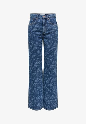 Blauwe wijde jeans met bloemmotief in denim; voorzien van een hoge taille, subtiel rozenontwerp en klassieke vijfzakkenstijl.