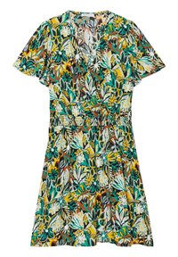Robe à fleurs avec un design enveloppant, des manches courtes et une taille élastique. Les couleurs incluent le vert, le jaune, le blanc et le marron.