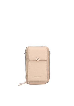 Beige leather smartphone pouch with a front flap, button closure, and zip-around design. Features a logo on the front and a zipper pull.