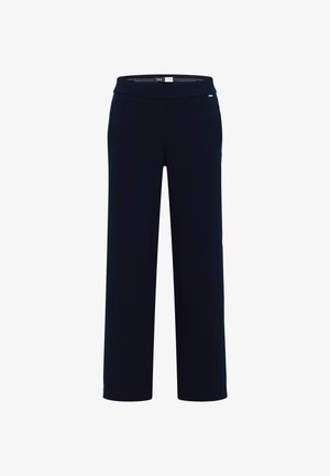 Pantalons larges bleu marine en tissu doux, dotés d'une taille élastique et de poches latérales. Texture lisse avec un design ajusté.