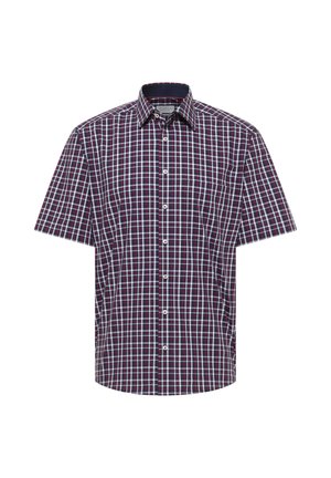 Camicia a maniche corte con bottoni, motivo a quadri blu navy, bianco e rosso, colletto appuntito e taschino sul petto a sinistra.