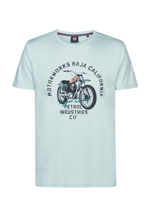 T-shirt in cotone azzurro chiaro con scollo rotondo, caratterizzata da una grafica di una motocicletta e dal testo "Motorworks Baja California Petrol Industries Co."