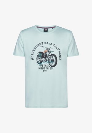 Hellblaues Baumwoll-T-Shirt mit rundem Ausschnitt, mit einer Grafik eines Motorrads und dem Text "Motorworks Baja California Petrol Industries Co."