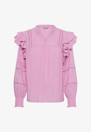 Růžová halenka s dlouhým rukávem, volánky na ramenou, výstřihem do V, nabraným materiálem a krajkovými horizontálními průstřihy na rukávech a horní části předního dílu.