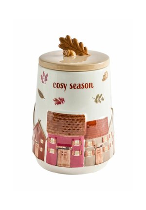 Keramikgefäß mit Deckelgriff in Form eines Herbstblattes und einer Eichel, verziert mit Dorfhäusern und dem Text "cosy season".
