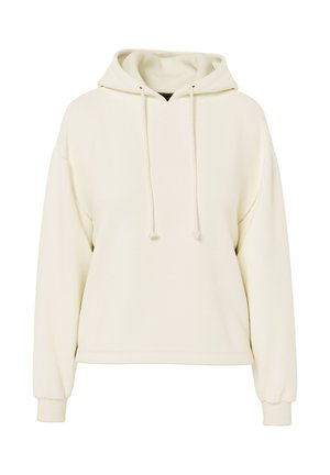 Kermansävyinen hupullinen collegepaita, jossa pitkät hihat, kiristysnyöri hupussa, resorit hihoissa ja rento malli.