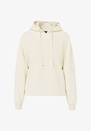 Sweat à capuche couleur crème avec manches longues, capuche à cordon, poignets côtelés et coupe décontractée.