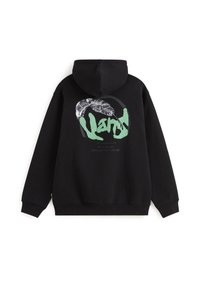 Felpa nera con cappuccio caratterizzata da un design grafico sul retro, con testo verde e un'immagine di una mano, realizzata in tessuto misto cotone.