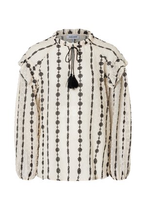 Weiße Bluse mit schwarzer Blumenstickerei, Rüschenärmeln, Kordelzug am Hals mit Quaste und strukturierter Stoff.