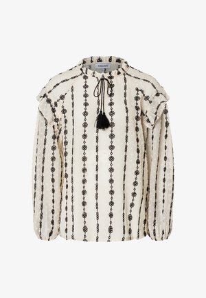 White blouse with black floral embroidery, ruffled sleeves, drawstring neck with tassel, and textured fabric.