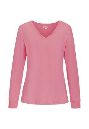 Langärmeliges, weichrosa V-Ausschnitt-Shirt mit enganliegenden Bündchen und geradem Saum, auf weißem Hintergrund dargestellt.