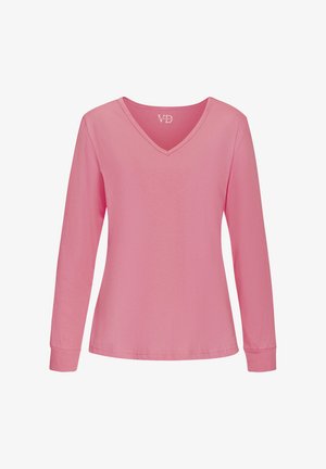 Langärmeliges, weichrosa V-Ausschnitt-Shirt mit enganliegenden Bündchen und geradem Saum, auf weißem Hintergrund dargestellt.