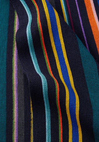 Tessuto lavorato a maglia con audaci righe orizzontali nei colori blu navy, teal, arancione, giallo, verde, viola e blu, con una finitura morbida e texture.