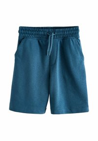 Shorts à taille élastique en tissu teal chiné. Dotés de deux poches latérales et d'un cordon de serrage. Texture douce avec une coupe décontractée.