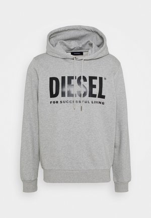 Sweat à capuche gris clair avec logo DIESEL et texte "FOR SUCCESSFUL LIVING" imprimé en noir sur le devant.
