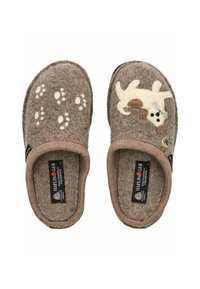 Brune uldslippers med beige trim, venstre har poteaftryk, højre har et hundedesign, begge mærket "Haflinger" indeni.