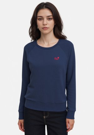 Marineblaue Sweatshirt aus weich strukturiertem Stoff mit Rundhalsausschnitt und langen Raglanärmeln, mit einem kleinen roten Logo auf der Brust.
