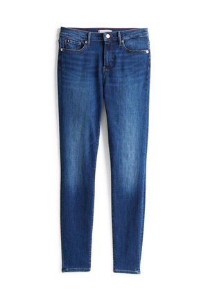 Mörkblå denim skinny jeans med en klassisk design, som har fem fickor, en knappstängning framtill och subtila urtvättningar på benen.