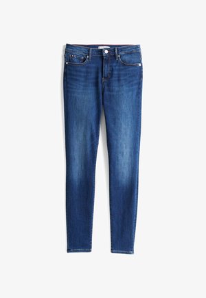 Dunkelblaue Denim-Skinny-Jeans mit klassischem Design, fünf Taschen, einem Knopfverschluss vorne und leichter Ausbleichung an den Beinen.