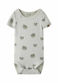 Tutina per bebè color crema in morbido cotone, con stampa a ripetizione di coniglietti verdi, maniche corte e chiusure a scatto nella parte inferiore.