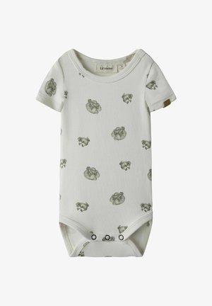 Kremo spalvos kūdikių bodis iš švelnaus medvilnės, su pakartotiniu žaliu triušiuku spaudiniu, trumpomis rankovėmis ir spaudėmis apačioje.