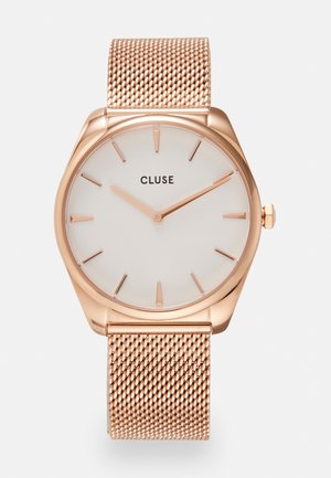 Montre-bracelet Cluse en or rose avec bracelet en maille, cadran blanc, index horaires minimalistes et aiguilles indiquant 10:10:08.