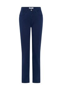 Granatowe spodnie slim-fit z przodu z guzikiem, zamkiem błyskawicznym i kieszeniami, wykonane z gładkiego materiału z szlufkami na pasek.