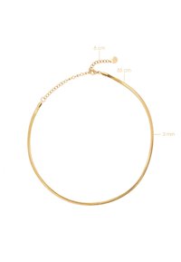 Ogrlica u zlatnoj boji koja se sastoji od glatkog, vitkog lanca debljine 3 mm s podesivom dužinom od 35 cm i dodatnim produžetkom od 8 cm.