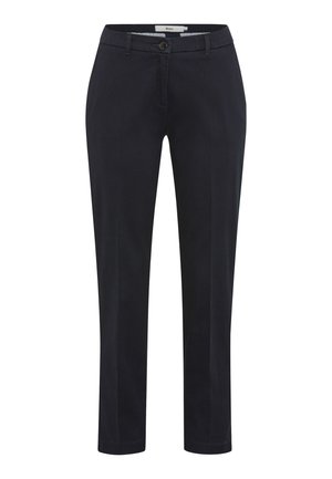 Navy blue trousers made of cotton with a smooth texture, featuring a front button closure, belt loops, and straight legs.