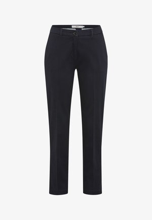 Pantaloni blu navy realizzati in cotone con una texture liscia, dotati di chiusura frontale con bottone, passanti per cintura e gamba dritta.