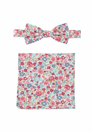 Floral-Butterfly-Schleife und Einstecktuch-Set mit kleinen roten, blauen und pinken Blumen auf einem hellblauen Hintergrund, aus einem weichen Stoff gefertigt.