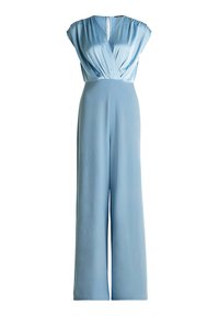 Hellblauer Jumpsuit mit weiten Beinen, kurzen Cap-Ärmeln und einem V-Ausschnitt. Er verfügt über ein gerafftes Oberteil und einen Schlitzverschluss im Rücken.