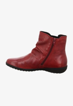 Rote Leder-Ankle-Boots mit einem lässigen Design, seitlichem Reißverschluss, runder Zehenpartie und schwarzer Gummisohle mit strukturierten Griffmustern.