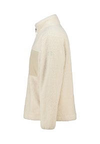 Cream fleece jacket featuring a high collar, side zip, and a contrasting beige chest pocket, with a textured, soft finish.