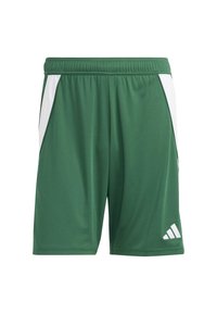 Green athletic shorts made of smooth, lightweight material. Features white side panels and an Adidas logo on the lower right leg.