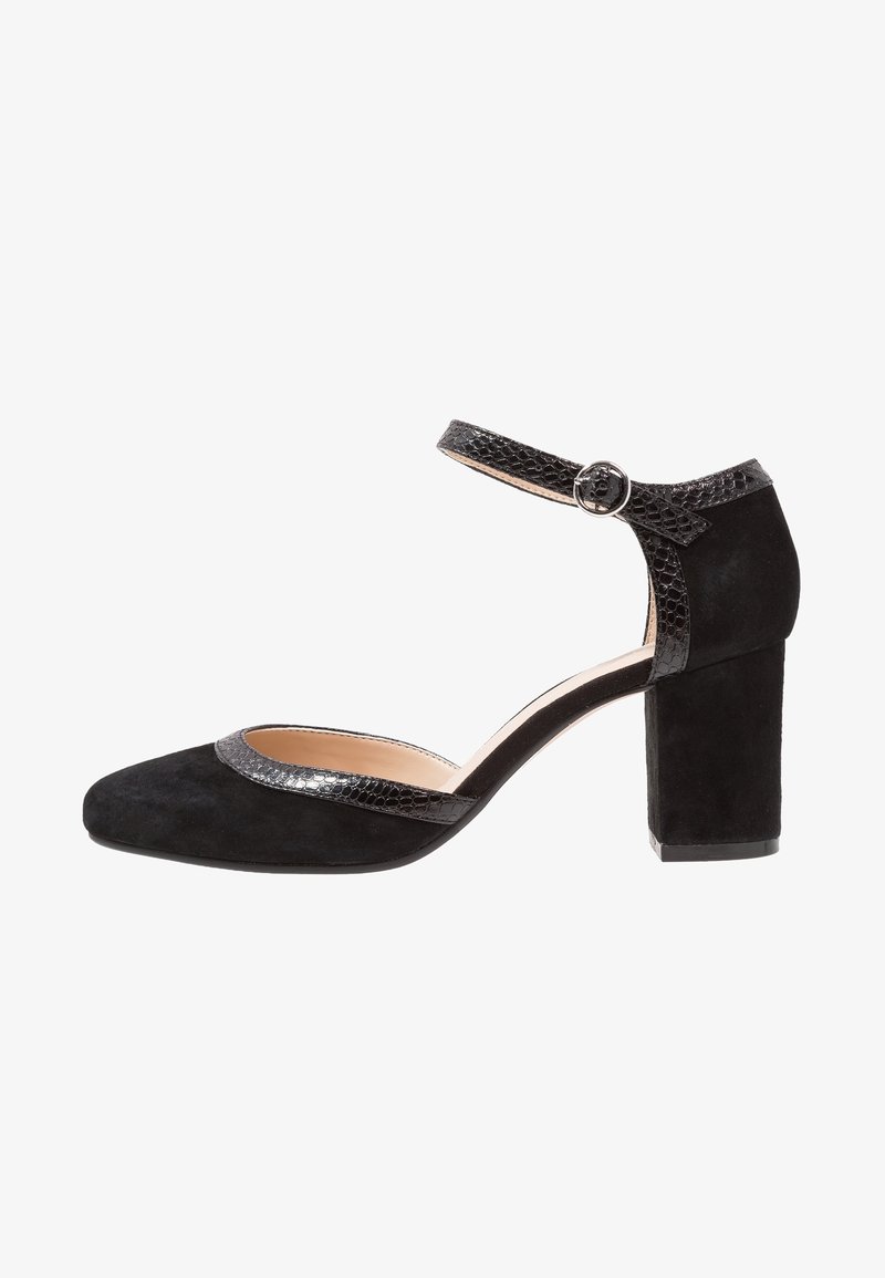 Chaussure à talon haut en daim noir avec un bout carré, une bride de cheville texturée noire et un épais talon bloc. Présente un détail de bride lisse en contraste.