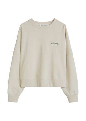 Felpa beige a manica lunga con scollo tondo e logo "Marc O'Polo" in piccolo testo verde sul petto sinistro.