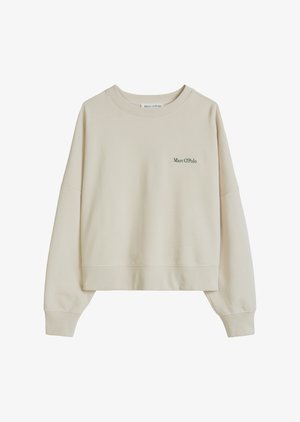 Beige long-sleeve crewneck sweatshirt with "Marc O'Polo" logo in small green text on left chest.