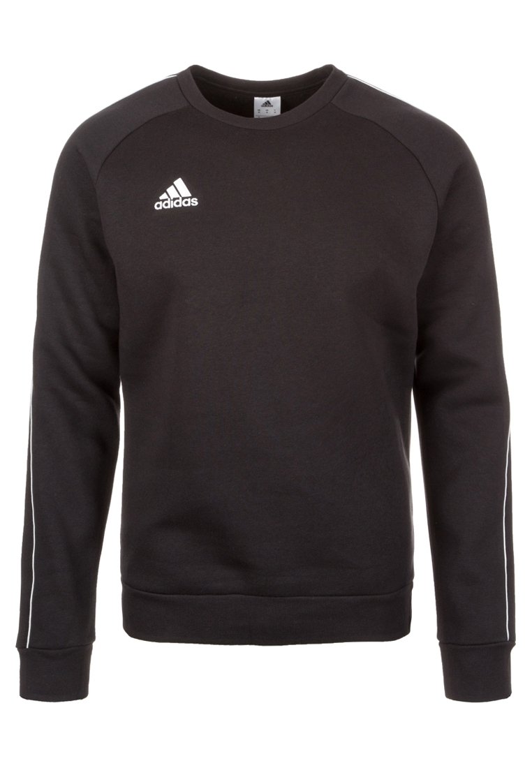 Sweatshirt noir en tissu doux, avec col rond, manches longues raglan, logo Adidas blanc sur la poitrine et bandes blanches sur les côtés.