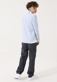 Lichtblauw en wit gestreepte lange mouwen shirt, grijze cargobroek en witte sneakers. Zichtbare stiksels en twee zijzakken op de broek.