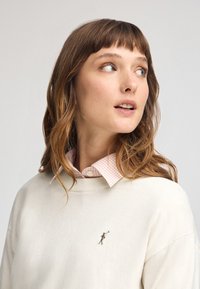 Felpa avorio con scollatura rotonda e dettaglio ricamato. Indossata sopra una camicia a righe rosa chiaro con colletto.