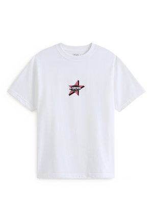 T-shirt bianco in cotone con maniche corte, caratterizzato da un logo a stella rosso e nero con la parola "vans" al centro. Design classico con colletto a girocollo.