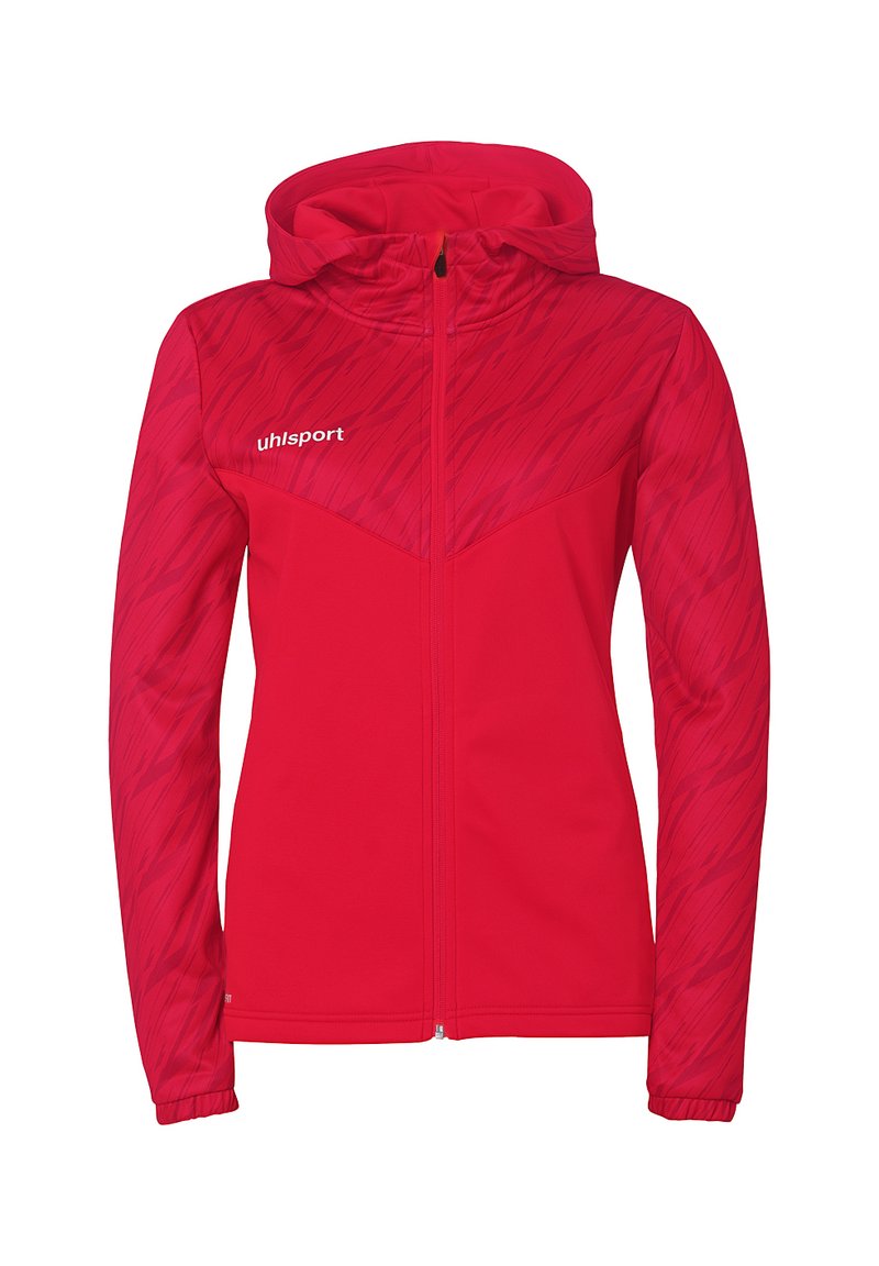 Red zip-up hoodie with a textured pattern, hood, and long sleeves. Features white branding on the chest. Smooth fabric, athletic fit.