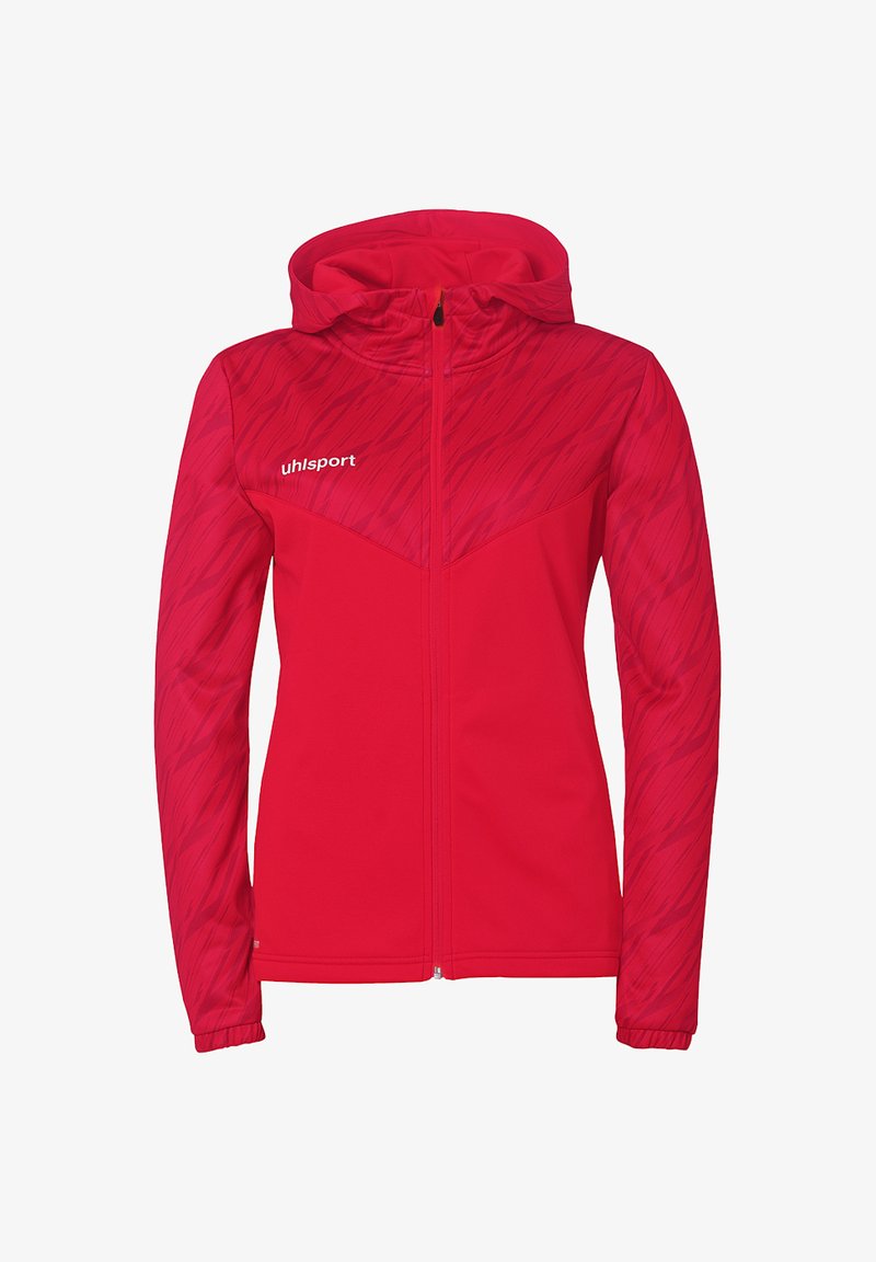 Red zip-up hoodie with a textured pattern, hood, and long sleeves. Features white branding on the chest. Smooth fabric, athletic fit.