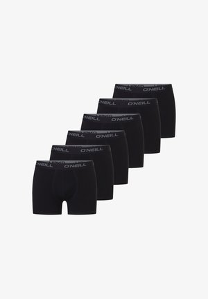 Black boxer briefs with a label at the waistband, featuring a soft fabric and a fitted design, displayed in a set of six.