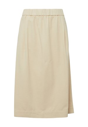 Beige knielanger Rock mit elastischem Bund und geradem Schnitt, gefertigt aus leichtem Stoff mit einem dezenten seitlichen Schlitz auf der rechten Seite.