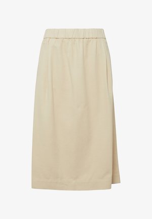 Jupe beige longueur genou avec taille élastique et coupe droite, confectionnée dans un tissu léger avec une discrète fente latérale droite.