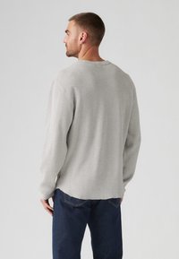 Light gray, ribbed knit sweater with a relaxed fit, dropped shoulders, and a round neck. Edges feature a raw hem detail.